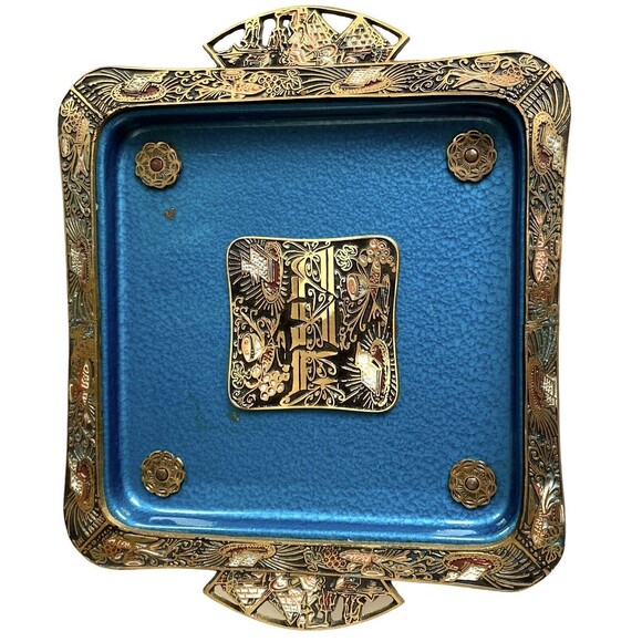 Other - Mid Century Enamel on Brass Carved Footed Tray Dish Bowl Isreal fish wine grapes